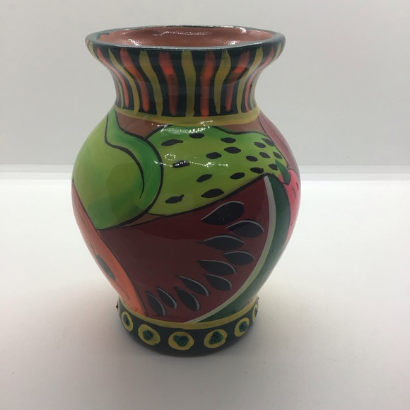 Colorful Glazed Mexican Redware Art Pottery Vase Fruit Pattern Tutti Fruiti Folk - Picture 2 of 10